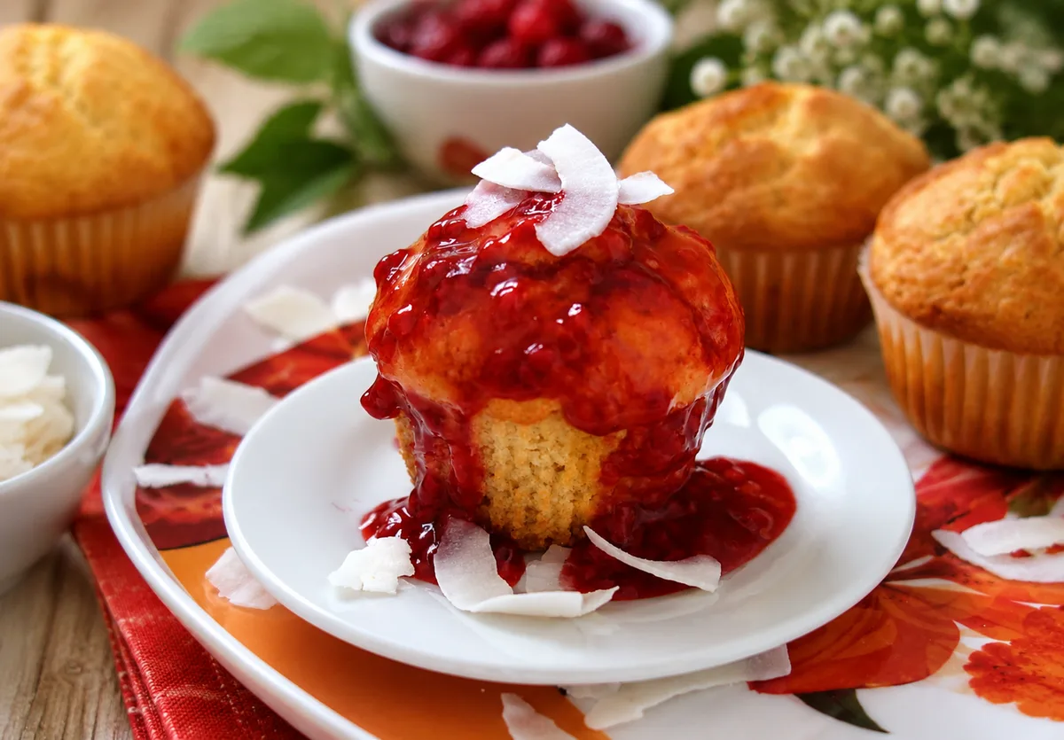 Coconut Muffins with Raspberry Sauce